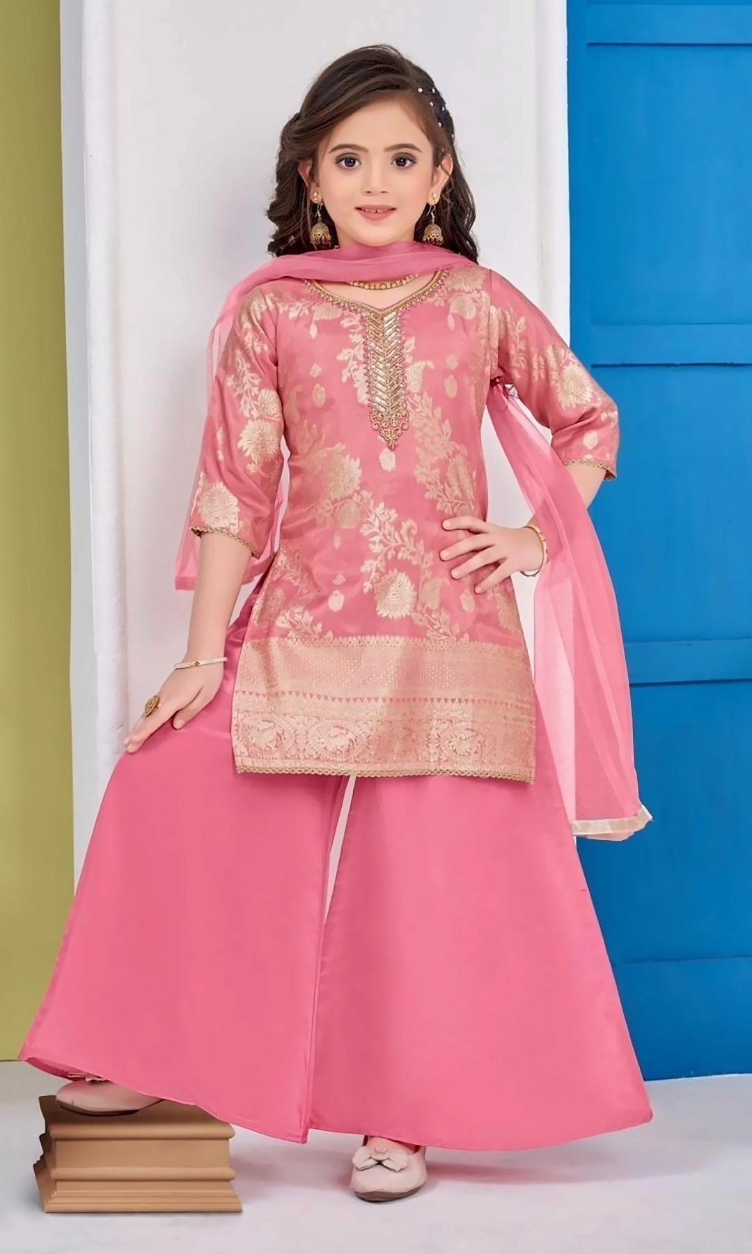 Rose Pink Banarasi Palazzo Set — Rose pink Banarasi-weave kurta with a gold floral pattern and mirror-work neckline, a flared palazzo and a net dupatta.