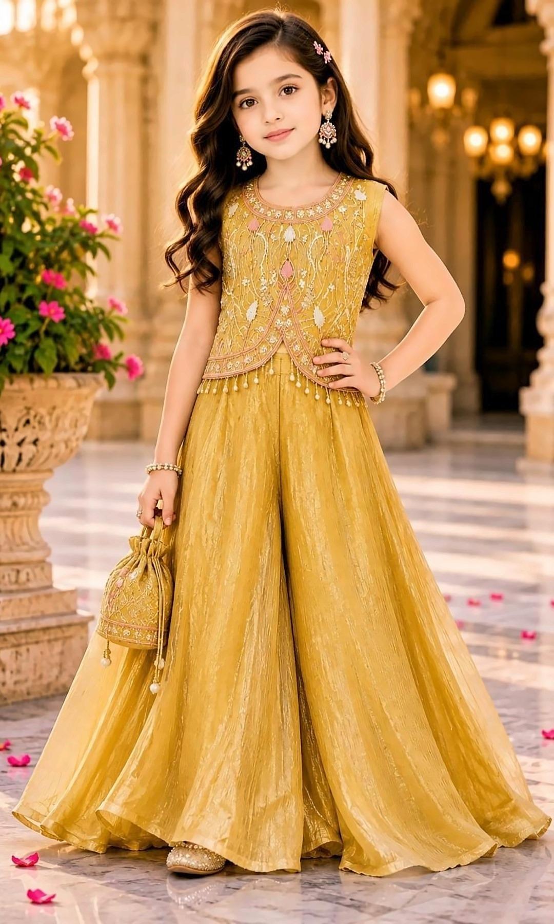Mustard Embroidered Palazzo Set — Sleeveless mustard top with pastel thread embroidery and a pearl tassel hem, a shimmer crinkle palazzo and a matching potli bag.