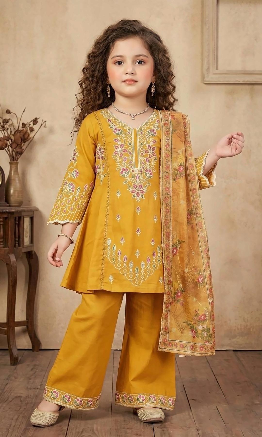 Mustard Floral Palazzo Suit — Mustard A-line kurta with pink and green floral embroidery and scalloped sleeves, an embroidered palazzo and a printed organza dupatta.