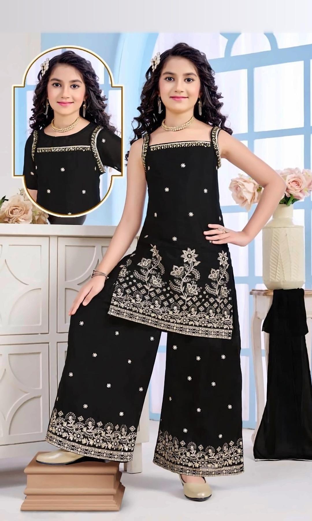 Black Sequin Palazzo Set — Sleeveless black kurta with gold sequin butis and an embroidered hem, a matching palazzo with border embroidery and a dupatta.