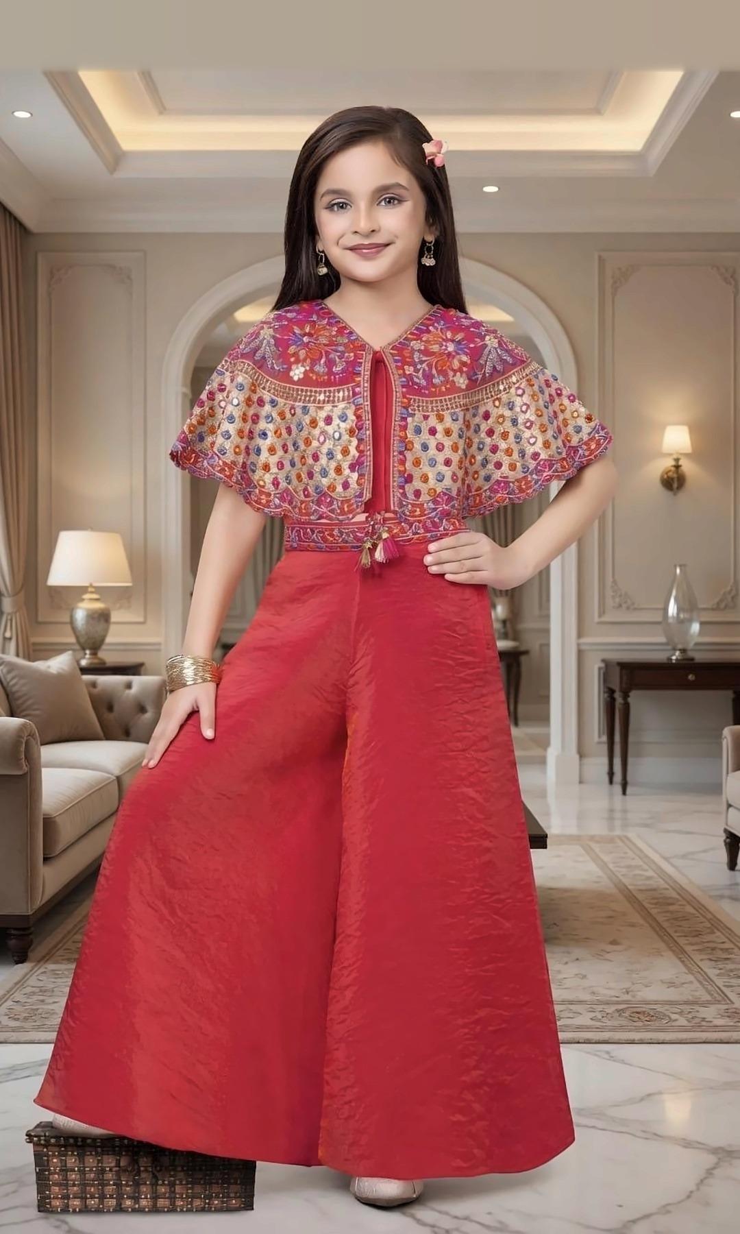 Red Cape Palazzo Set — Red crushed-silk palazzo set with a colourful embroidered, mirror-work cape and a tasselled tie.