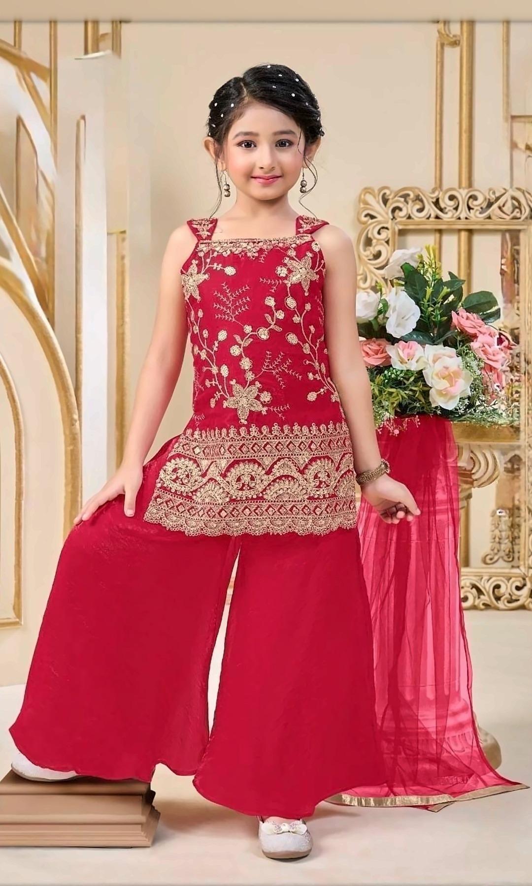 Red Embroidered Palazzo Set — Sleeveless red kurti with gold floral embroidery and a scalloped hem, a crushed palazzo and a net dupatta.