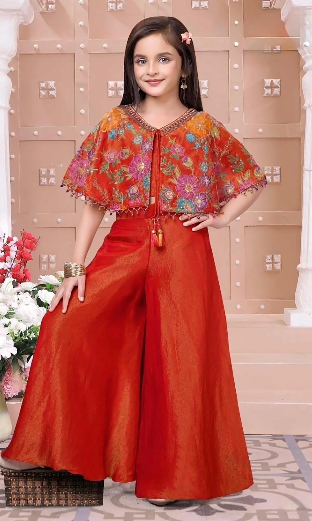 Orange Floral Cape Palazzo Set — Orange shimmer palazzo set with a colourful floral organza cape and bead-tassel trim.