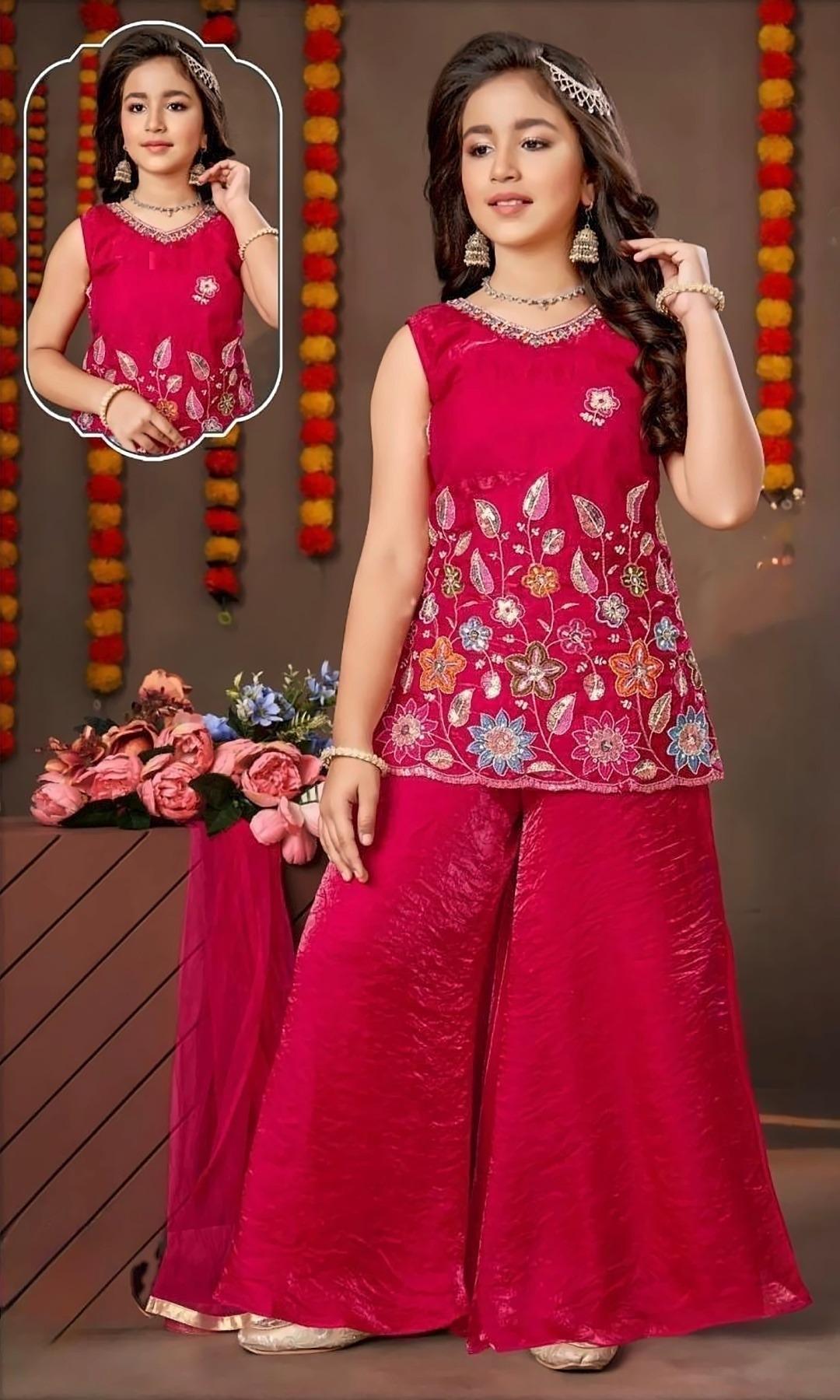 Rani Pink Floral Palazzo Set — Sleeveless rani pink kurti with colourful sequin floral embroidery, a crushed-satin palazzo and a net dupatta.