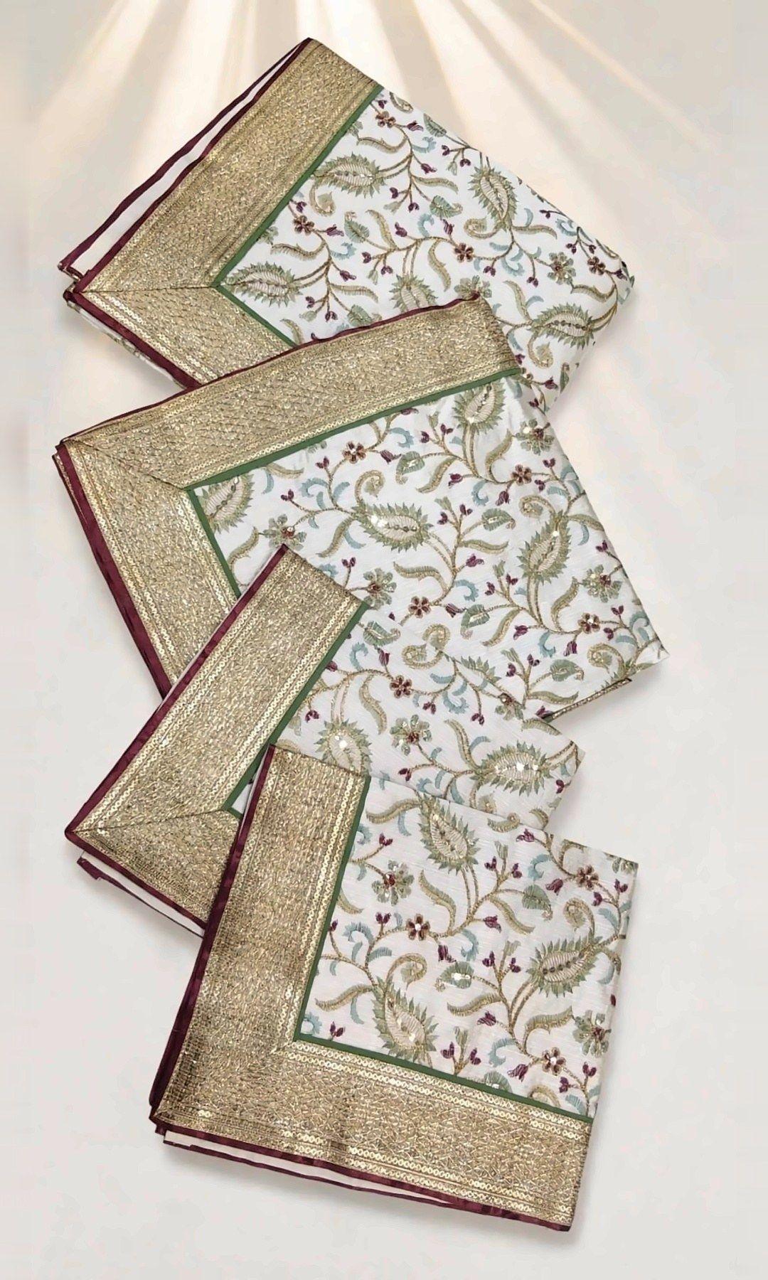 Ivory Paisley Jaal Rumala Sahib — Ivory rumala with green and maroon paisley-vine embroidery, sequin accents and a rich gold gota border edged in maroon. Double rumala with lining.