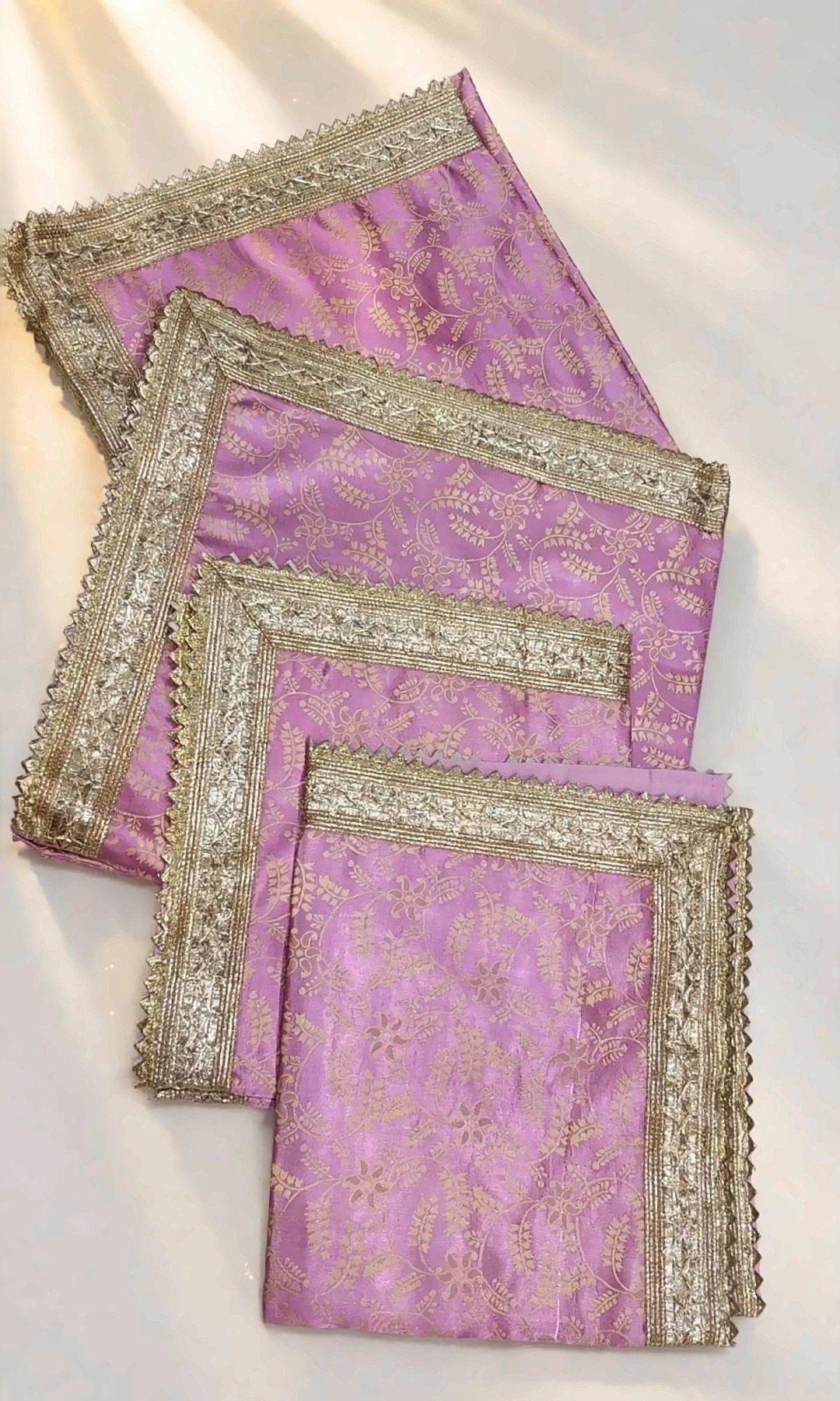 Lilac Brocade Rumala Sahib — Lilac brocade rumala with a woven gold floral pattern, finished with a gota lace and zig-zag edge. Double rumala, without lining.