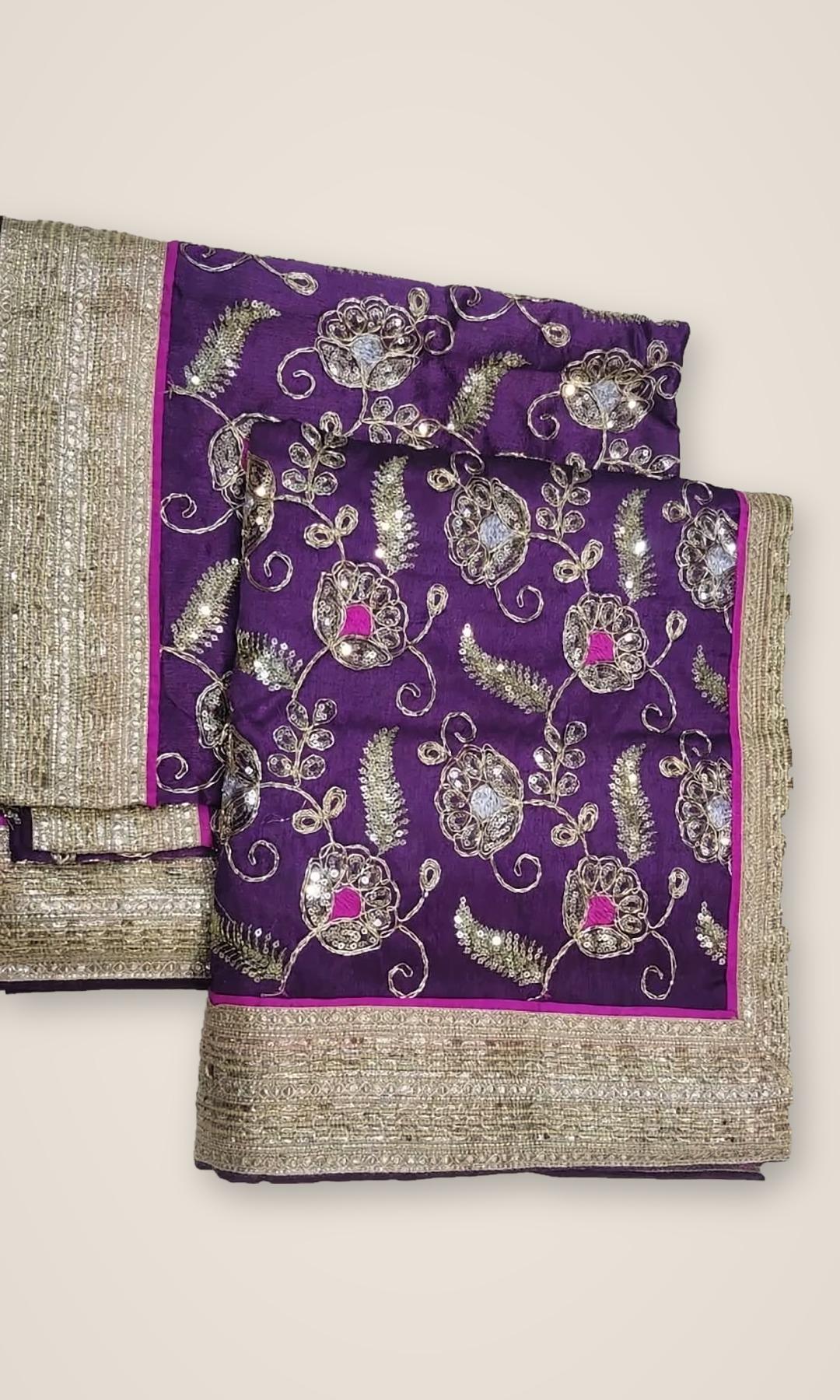 Purple Zari Floral Rumala Sahib — Deep purple rumala with zari and sequin floral embroidery, a pink piping and a broad gold sequin border. Double rumala with lining.