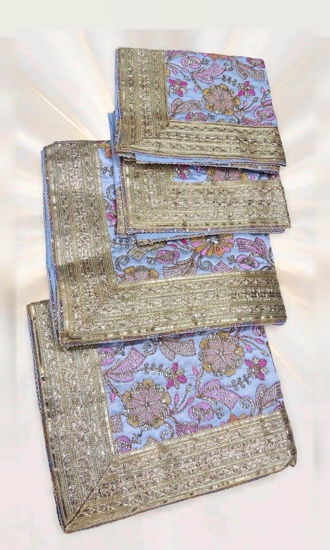 Powder Blue Multicolour Embroidered Rumala Sahib — Powder blue rumala with pink, peach and gold floral embroidery, stone work and a heavy gold gota border. Double rumala with lining.