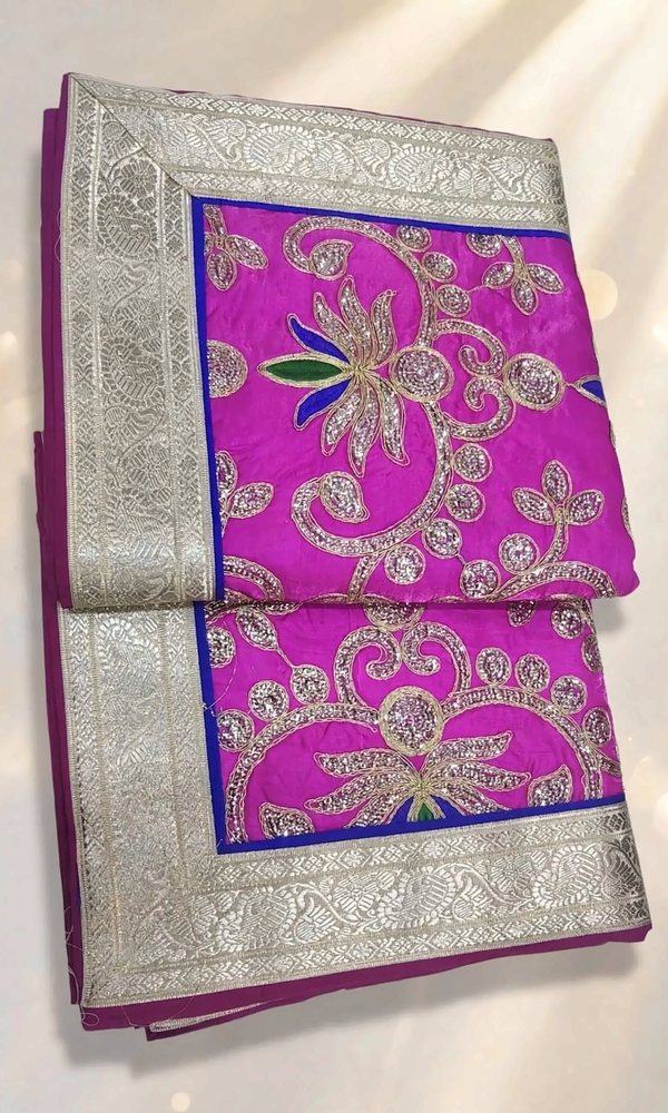 Magenta Zari Rumala Sahib — Magenta rumala with gold zari and sequin scroll work, blue piping and a woven silver brocade border. Double rumala with lining.