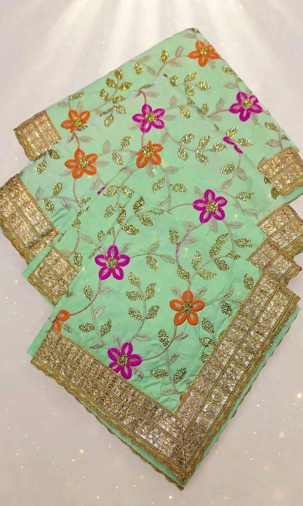 Mint Green Floral Rumala Sahib — Mint green rumala with pink and orange flowers, gold leaf embroidery and a scalloped gold gota border. Double rumala with lining.