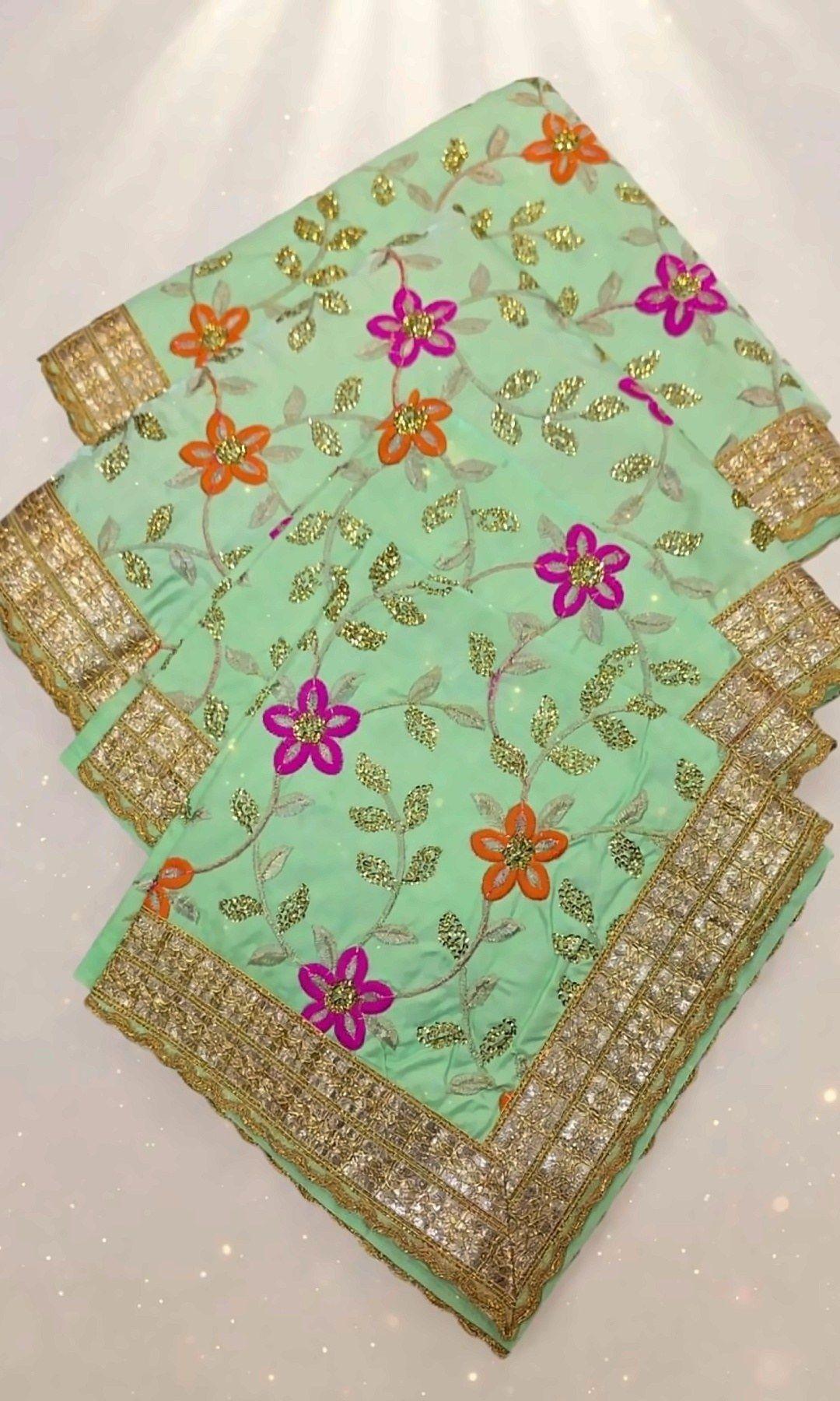 Mint Green Floral Rumala Sahib — Mint green rumala with pink and orange flowers, gold leaf embroidery and a scalloped gold gota border. Double rumala with lining.