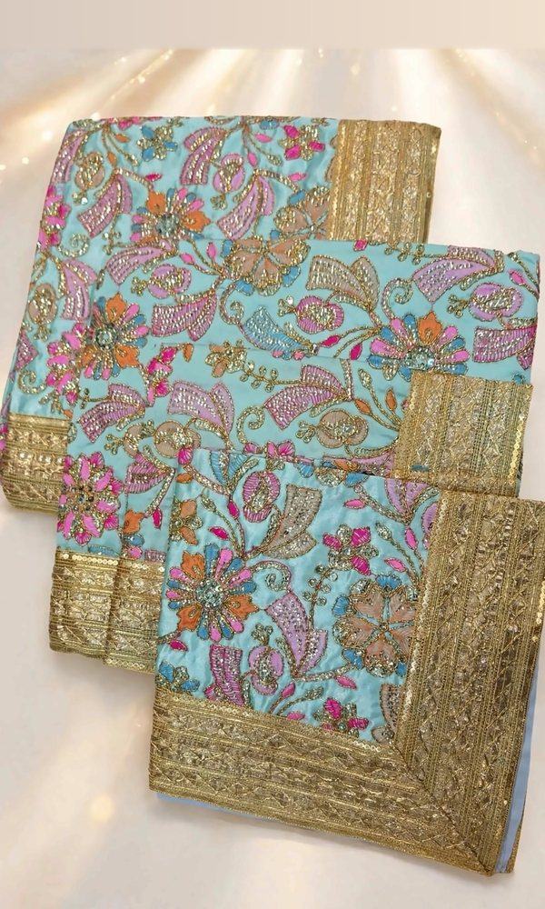 Aqua Multicolour Embroidered Rumala Sahib — Aqua rumala covered in pink, lilac and peach thread embroidery with stone work and a wide gold gota border. Double rumala with lining.