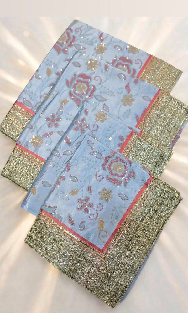 Ice Blue Rose Sequin Rumala Sahib — Ice blue rumala with coral rose and sequin embroidery, coral piping and a silver-gold gota border. Double rumala with lining.