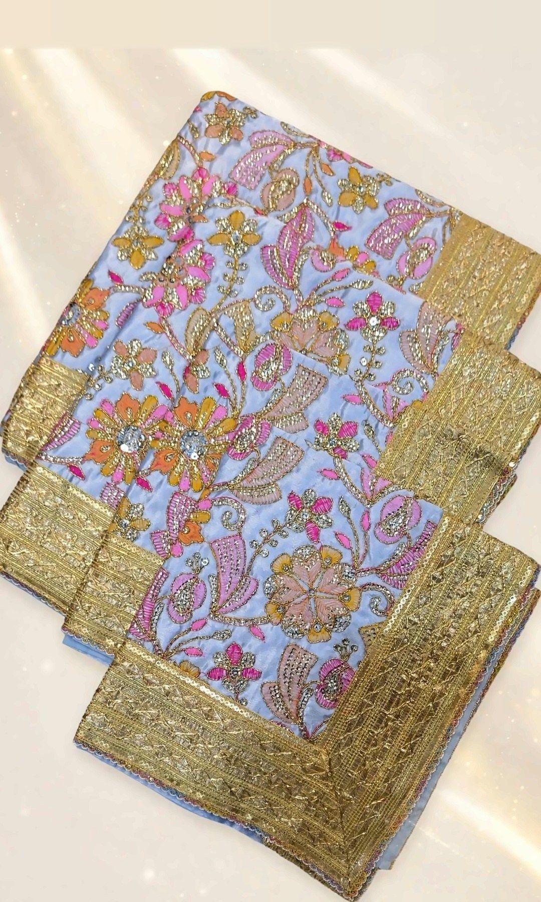 Lavender Multicolour Embroidered Rumala Sahib — Lavender rumala with pink, mustard and peach floral embroidery, stone accents and a rich gold border. Double rumala with lining.