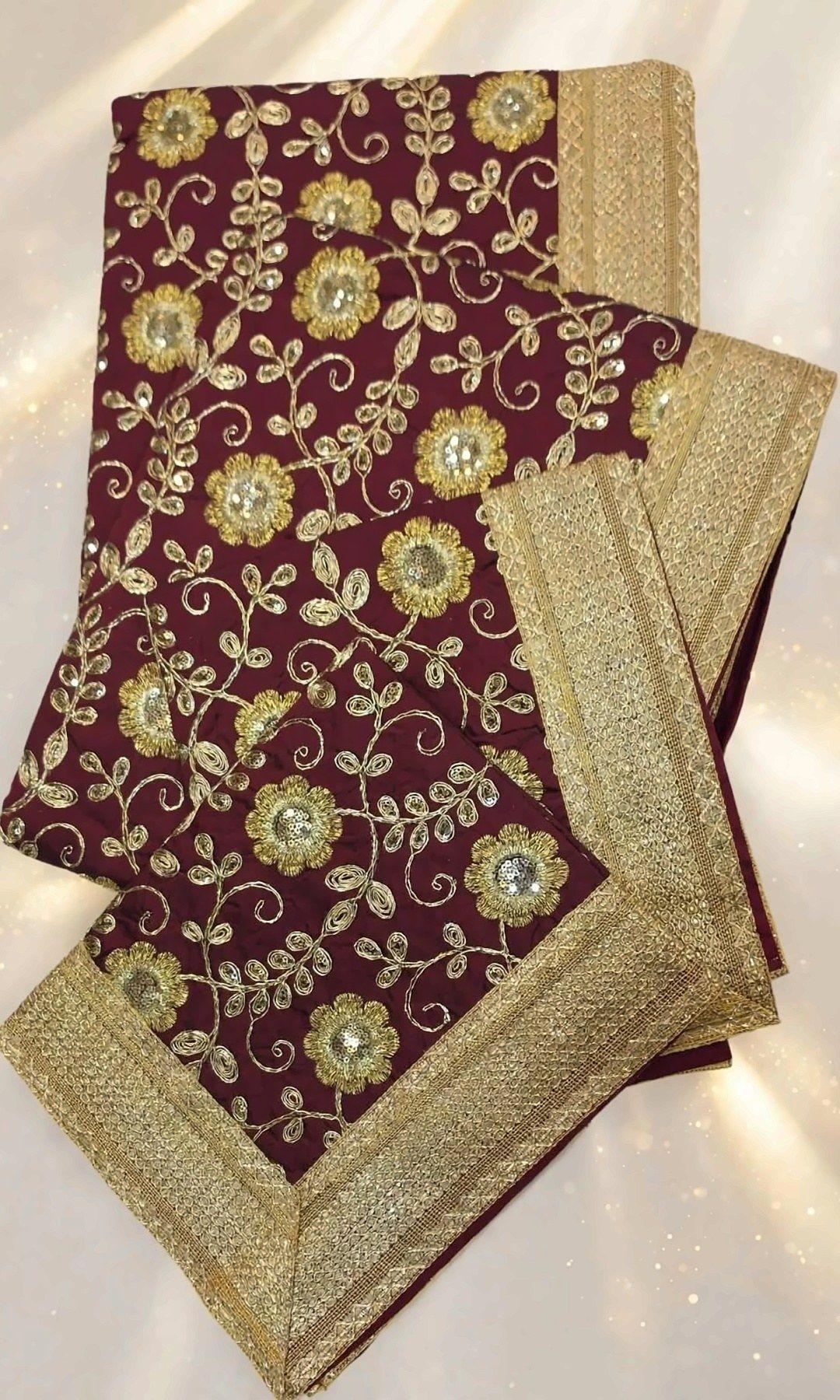 Maroon Gold Floral Rumala Sahib — Maroon rumala with gold zari flowers, sequin centres and trailing vines, framed by a broad gold border. Double rumala with lining.