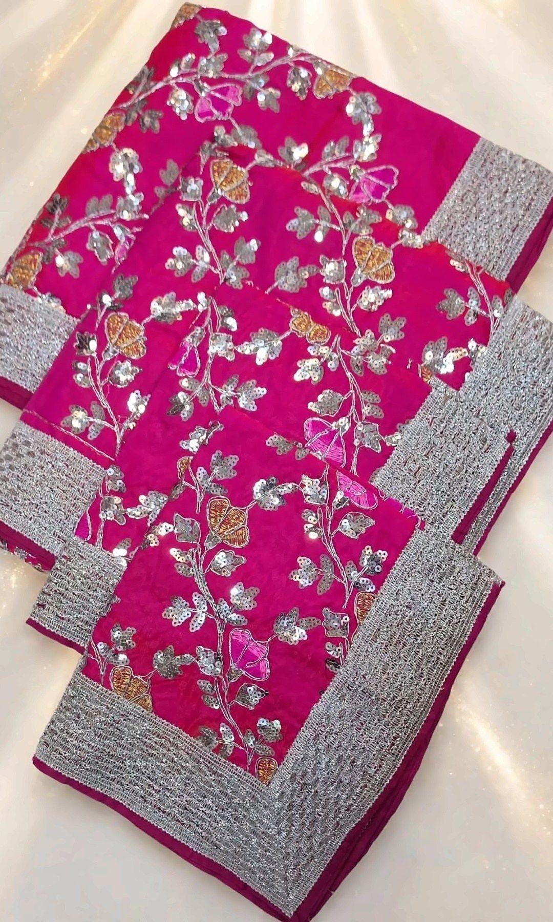 Rani Pink Sequin Floral Rumala Sahib — Rani pink rumala with silver sequin floral vines, pink and gold thread flowers and a silver cutwork border. Double rumala with lining.