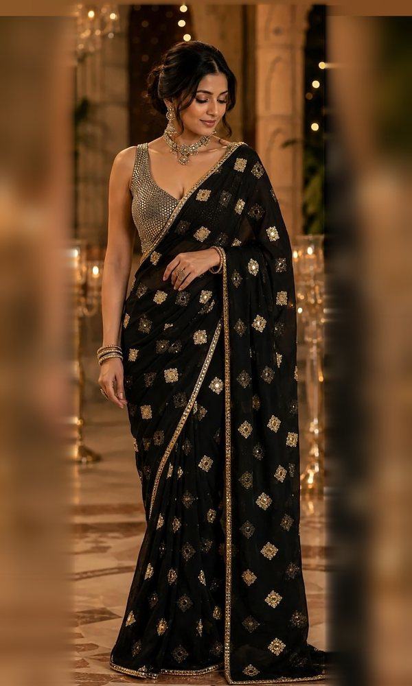 Black Mirror-Work Georgette Saree — Black georgette saree with gold mirror-work motifs and a shimmering border, paired with a silver mirror-work blouse — evening glamour.