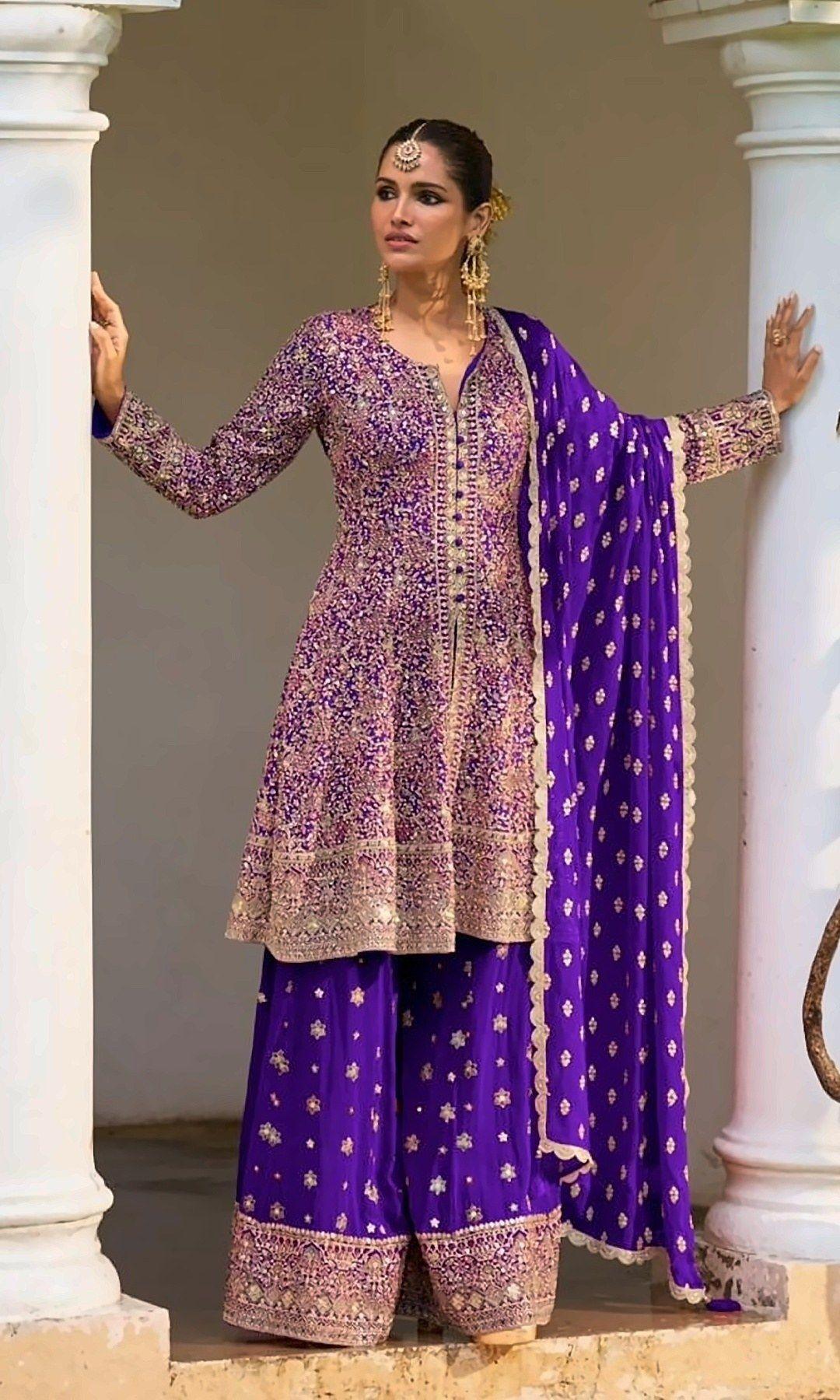 Violet Peplum Sharara Suit — Violet peplum kurta in all-over sequin and thread embroidery with a button-down front, star-motif sharara and a scalloped butti dupatta.
