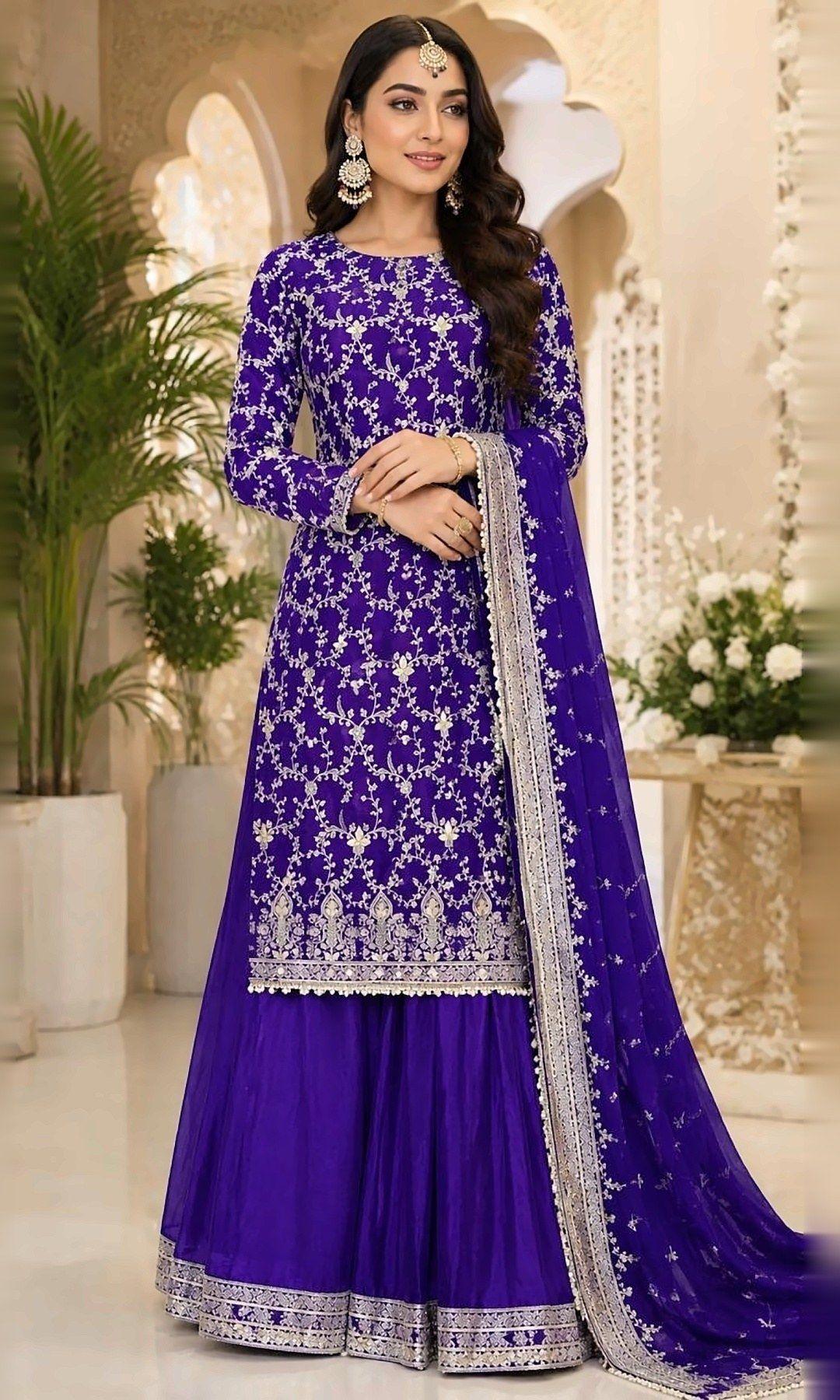 Violet Jaal Kurta Sharara Set — Violet straight kurta with silver jaal embroidery and a pearl-lace hem, flowing silk sharara and a sheer embroidered dupatta.