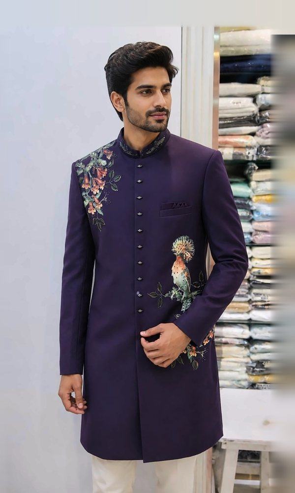 Plum Sherwani with Peacock Embroidery