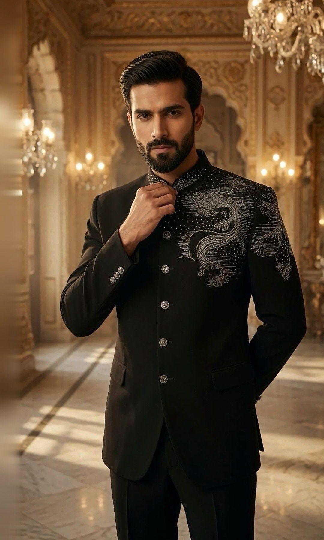 Black Bandhgala with Dragon Embroidery — Bandhgala suit with a silver bead-and-thread dragon embroidered across the shoulder and silver buttons — sharp, modern and regal.