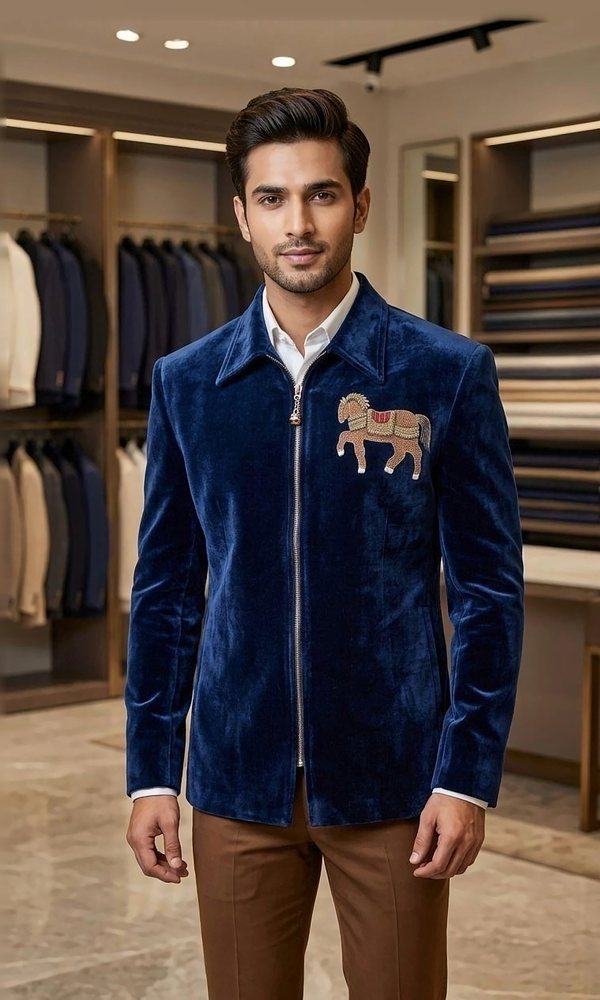 Royal Blue Velvet Jacket — Royal-blue velvet zip jacket with a hand-embroidered horse motif on the chest — a smart Indo-western piece for receptions and parties.