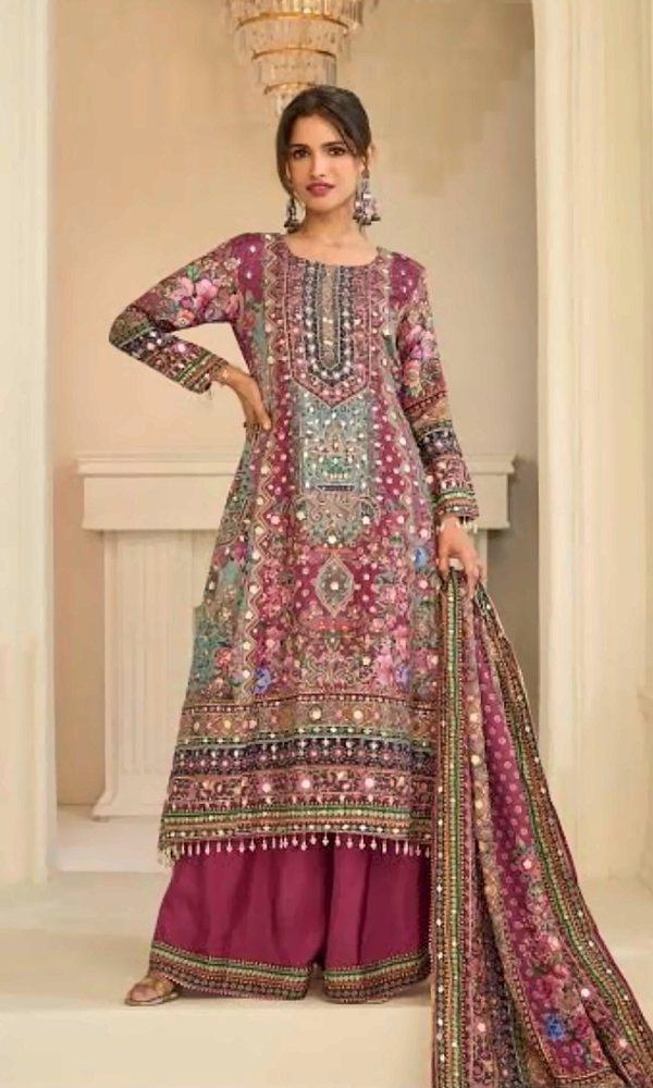 Magenta Mirror-Work Palazzo Suit