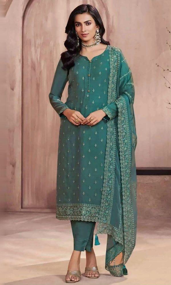 Teal Embroidered Straight Suit