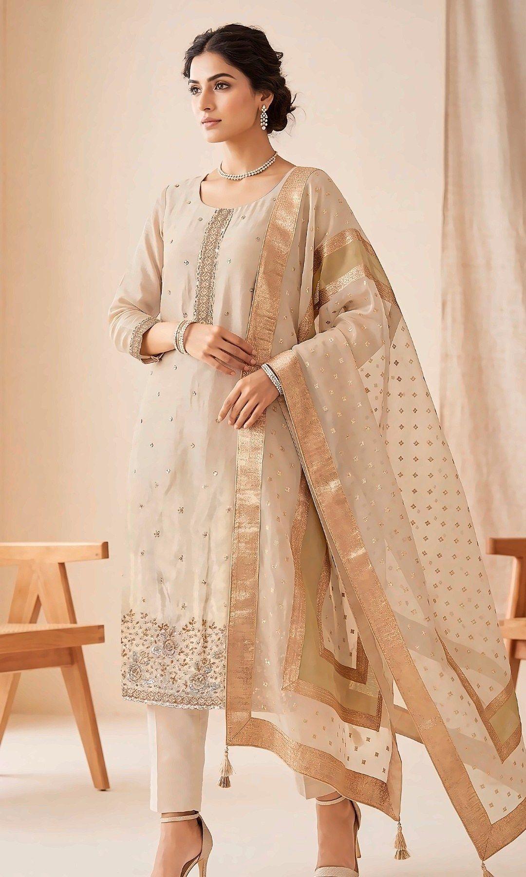 Beige Rose-Embroidered Suit — Soft tissue-silk suit with a sequinned placket, rose-embroidered hem and a woven zari-border dupatta. Unstitched suit set.