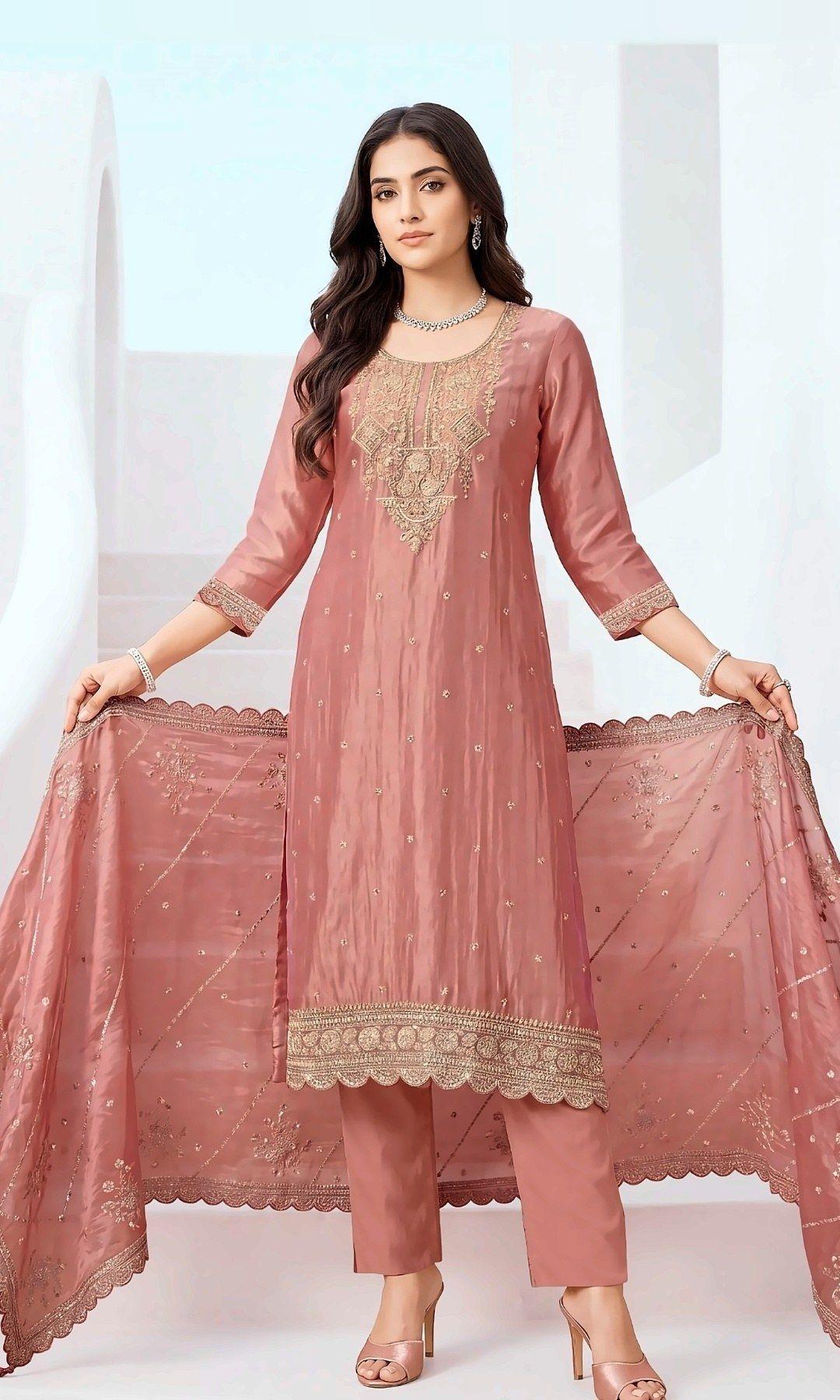 Dusty Rose Tissue Silk Embroidered Suit — Shimmering tissue-silk suit with a rich embroidered yoke, scalloped hem and a sequin-striped scalloped dupatta. Unstitched suit set.